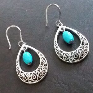 Silver filigree/turquoise-color bead, drop earrings